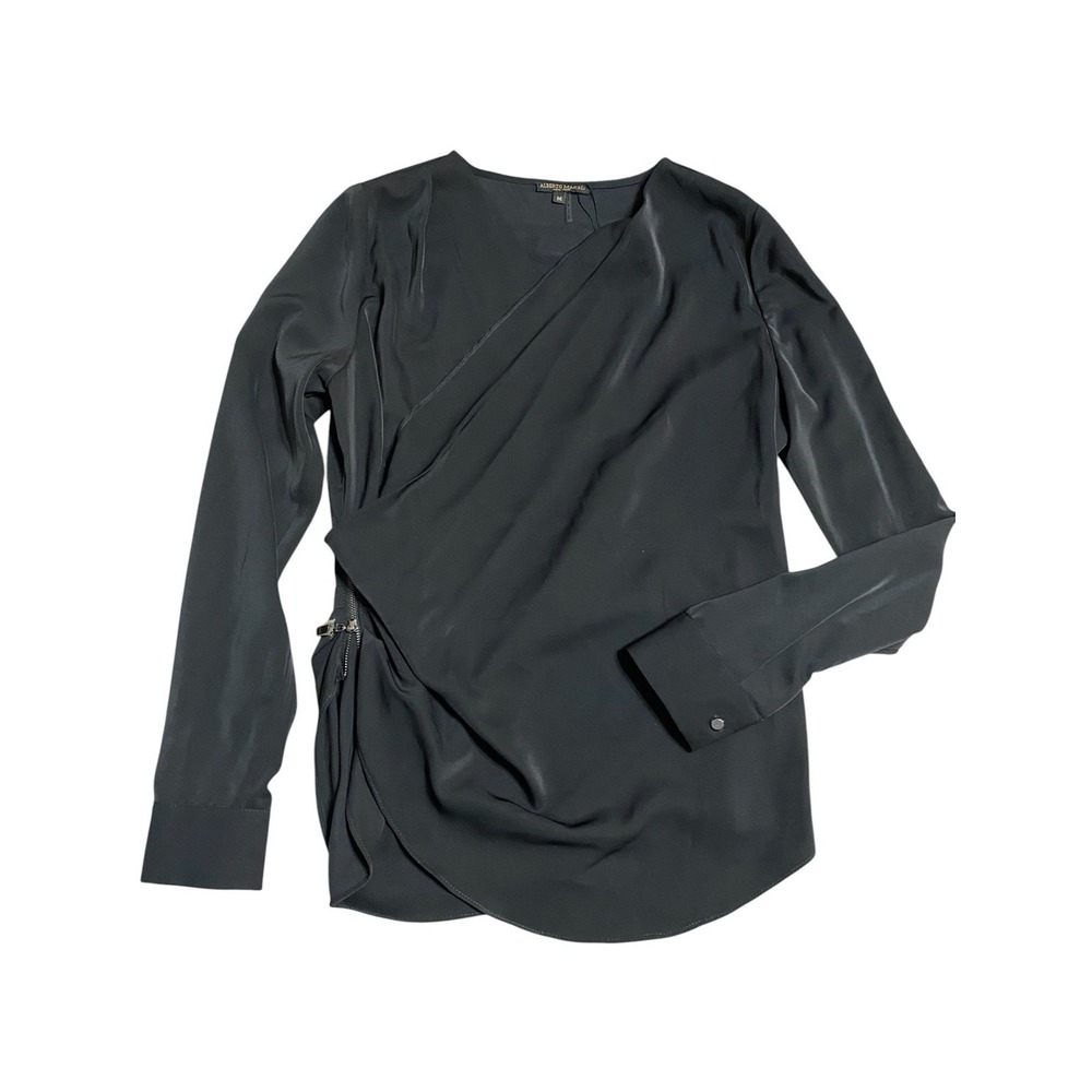 NWT Alberto Makali Black Drape Wrap Blouse Top Women Size M Side Zip Long Sleeve